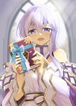  1girl :d bare_shoulders blue_bow blurry blurry_background book bow circlet detached_sleeves dress fire_emblem fire_emblem:_genealogy_of_the_holy_war fire_emblem_heroes highres holding holding_book indoors julia_(fire_emblem) looking_at_viewer open_mouth purple_eyes purple_hair smile solo turtleneck_dress upper_body white_dress wide_sleeves window yukia_(firstaid0) 