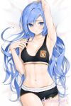  1girl arm_up armpits bare_arms bare_shoulders bed_sheet black_shorts blue_eyes blue_hair breasts chaesu cleavage commentary_request cowboy_shot crop_top hair_between_eyes hand_up highres long_hair looking_at_viewer lying midriff minah_(chaesu) navel on_back original short_shorts shorts small_breasts solo sports_bra stomach very_long_hair 