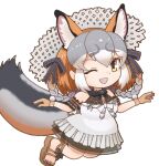  1girl animal_costume animal_ear_fluff animal_ears arm_belt dress extra_ears fox_ears fox_girl fox_tail gloves grey_hair hat hissaa_(hisser) island_fox_(kemono_friends) jumping kemono_friends kemono_friends_v_project long_hair looking_at_viewer multicolored_hair one_eye_closed open_mouth orange_hair ribbon sandals simple_background smile solo sundress tail virtual_youtuber yellow_eyes 