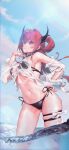  1girl absurdres arknights auhoug bangs bare_shoulders bikini blue_sky commentary_request detached_sleeves hair_intakes hair_rings highres horns long_hair long_sleeves looking_at_viewer navel official_alternate_costume purple_eyes red_hair side-tie_bikini_bottom sky smile solo standing stomach surtr_(arknights) surtr_(colorful_wonderland)_(arknights) swimsuit thigh_strap thighs very_long_hair wading water 