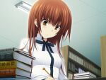  1girl black_ribbon bookshelf brown_hair closed_mouth dress_shirt frown game_cg indoors kawagishi_keitarou kawakami_kazuko library long_hair maji_de_watashi_ni_koi_shinasai! neck_ribbon ribbon shiny shiny_hair shirt solo straight_hair studying upper_body white_shirt writing yellow_eyes 