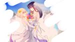  2girls black_hair blonde_hair blue_sky bridal_gauntlets bridal_veil bride day dress flower hair_flower hair_ornament highres inoue_takina lifting_person long_hair looking_at_another lycoris_recoil multiple_girls nishikigi_chisato open_mouth outdoors purple_eyes short_hair sky smile teeth tudili upper_teeth veil wedding wedding_dress wife_and_wife yuri 