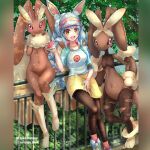  anthro blush breasts brown_body clothed clothing day female generation_4_pokemon group hi_res holding_object holding_pok&eacute;ball human looking_at_viewer lopunny mammal mega_evolution mega_lopunny nintendo nostalgic open_mouth outside pokeball pokemon pokemon_(species) signature smile trio video_games 