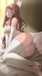  1girl bed blush bridal_lingerie elbow_gloves english_commentary fire_emblem fire_emblem_awakening gloves high_heels highres light_brown_hair lingerie looking_at_viewer lying on_bed on_side rinku_bny signature sumia_(fire_emblem) thighhighs underwear white_footwear white_gloves wing_hair_ornament yellow_eyes 