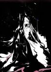  1girl absurdres arknights black_background chuzenji greyscale head_wings head_wings_through_headwear highres hood hood_up hooded_dress irene_(arknights) long_hair looking_at_viewer monochrome red_pupils scales simple_background solo spot_color two-tone_dress 