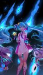  1girl :d absurdly_long_hair absurdres aqua_eyes aqua_hair backlighting bare_arms boots commentary dress feet_out_of_frame floating_hair future_eve_(vocaloid) gloves gradient_hair hair_ornament hair_ribbon hand_on_headphones hatsune_miku headphones headset heart highres holding holding_wand knee_boots long_hair looking_at_viewer magical_mirai_(vocaloid) magical_mirai_miku magical_mirai_miku_(2022) microphone_wand multicolored_hair nannaspad night night_sky open_mouth outdoors pink_dress pink_gloves pink_hair pink_ribbon planet radio_antenna ribbon rocket shooting_star sky sleeveless sleeveless_dress smile solo space standing star_(sky) star_(symbol) star_hair_ornament striped striped_ribbon thigh_strap very_long_hair vocaloid wand 