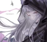  1girl arknights ascot black_cape cape english_text grey_eyes grey_hair half-closed_eyes head_wings head_wings_through_headwear highres hood hood_up hooded_cape irene_(arknights) long_hair looking_at_viewer pink_ribbon ribbon shenhuili simple_background solo upper_body white_ascot white_background 