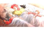  1girl 3boys artist_name barefoot bed_sheet border cale_henituse child dated dragon drooling eyor_kr female_child highres hong_(lout_of_count&#039;s_family) korean_commentary light_rays long_hair long_sleeves lout_of_count&#039;s_family lying male_child multiple_boys ohn_(lout_of_count&#039;s_family) on_back on_stomach pajamas pillow raon_miru red_pajamas signature sleeping sunbeam sunlight western_dragon yellow_pajamas 