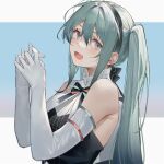  1girl :d aqua_eyes aqua_hair arl bangs bare_shoulders black_hairband blush commentary_request elbow_gloves gloves hair_between_eyes hairband hatsune_miku highres long_hair looking_at_viewer open_mouth sidelocks sleeveless smile solo twintails upper_body very_long_hair vocaloid white_gloves 