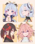  4girls alternate_hair_length alternate_hairstyle animal_ears armor armored_dress artist_name ayacchirin bangs bare_shoulders black_coat black_hair blue_eyes blue_hair blunt_bangs blush breastplate chinese_knot closed_mouth coat colored_tips earrings floppy_ears flower flower-shaped_pupils flower_knot fox_ears genshin_impact hair_between_eyes hair_flower hair_ornament hair_over_one_eye highres hu_tao_(genshin_impact) japanese_clothes jewelry kamisato_ayaka light_blue_hair looking_at_viewer looking_away looking_to_the_side mole mole_under_eye multicolored_hair multiple_girls neck_tassel parted_lips pink_hair purple_eyes red_eyes shenhe_(genshin_impact) short_hair sidelocks smile symbol-shaped_pupils tassel yae_miko 
