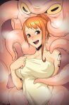  1girl :d arm_tattoo asymmetrical_hair behind_another blush breasts brown_eyes dyun ear_piercing grabbing grabbing_from_behind hair_bun highres kraken_(one_piece) large_breasts naked_towel nami_(one_piece) one_piece open_mouth orange_hair piercing smile steaming_body sweat tattoo towel wet 