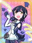  1girl animal_costume animal_hood black_hair elbow_gloves gloves headphones hood humboldt_penguin_(kemono_friends) kemono_friends kemono_friends_v_project looking_at_viewer microphone multicolored_hair open_mouth p_alti penguin_costume penguin_girl penguin_hood penguin_tail pink_hair shirt short_hair simple_background skirt sleeveless sleeveless_shirt smile solo tail virtual_youtuber yellow_eyes zipper 