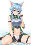  1girl absurdres animal_ears armor blue_eyes blue_hair blush cat_ears clothes_pull denhijou_niki english_commentary highres long_hair mixed-language_commentary navel panties parted_lips paw_pose short_hair shorts shorts_pull simple_background sinon sitting smile solo sword_art_online twintails underwear wariza white_background white_panties 