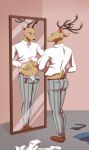  2022 anthro beastars belly belt bottomwear butt capreoline cervid chubby_anthro chubby_male clothed clothing dress_shirt footwear fur hand_on_stomach horn looking_at_mirror looking_at_object looking_at_self louis_(beastars) male mammal mirror mirror_reflection navel open_bottomwear open_clothing open_pants pants raised_clothing raised_shirt raised_tail raised_topwear reflection reindeer shirt shoes short_tail slightly_chubby solo standing tommysamash topwear underwear 