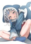  1girl absurdres animal_hood bangs blue_eyes blue_hair blue_hoodie blue_socks blunt_bangs blush commentary_request fish_tail gawr_gura grey_hair hands_on_feet head_tilt highres hololive hololive_english hood hoodie leaning_forward legs long_hair long_sleeves looking_at_viewer multicolored_hair no_shoes oversized_clothes shadow shark_girl shark_hood shark_tail sharp_teeth shiny shiny_skin sidelocks simple_background sleeves_past_wrists socks solo streaked_hair tail taro._(tataroro_1) teeth virtual_youtuber white_background wide_sleeves 