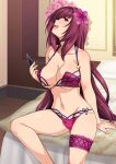  1girl bangs bare_shoulders bikini breasts cleavage fate/grand_order fate_(series) flower hair_flower hair_ornament haruhisky highres indoors large_breasts leotard long_hair looking_at_viewer official_alternate_costume on_bed pink_bikini purple_hair red_eyes scathach_(fate) scathach_(swimsuit_assassin)_(fate) sitting solo swimsuit 