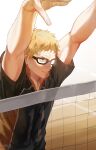  1boy arms_up black-framed_eyewear blonde_hair frown glasses haikyuu!! highres karasuno_volleyball_uniform male_focus oretsuu parted_lips solo sportswear tsukishima_kei volleyball volleyball_net volleyball_uniform 