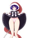  black_dress blue_eyes blue_hair closed_mouth clothes_lift doremy_sweet dress dress_lift hat highres lifted_by_self looking_at_viewer multicolored_clothes multicolored_dress nightcap panties panty_peek pom_pom_(clothes) red_headwear short_hair simple_background standing tail touhou underwear white_background white_dress white_panties zenji029 
