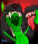  absurd_res anthro black_body black_ears black_fur black_nose black_tail bodily_fluids breath bust_portrait canid canine canis cheek_tuft colored digital_media_(artwork) dripping facial_tuft fangs front_view fur gaping_mouth glistening glistening_teeth glistening_tongue green_body green_eyes green_fur green_inner_ear green_pupils green_tail green_tongue hi_res long_tongue looking_at_viewer male mammal mecho monotone_ears mouth_shot multicolored_body multicolored_fur multicolored_tail nude open_mouth pink_tongue portrait pupils red_background saliva saliva_drip saliva_on_tongue saliva_string shaded simple_background snout solo tail_mouth teeth throat tongue tongue_out tuft two_tone_body two_tone_fur two_tone_tail unusual_anatomy unusual_tail uvula wolf 