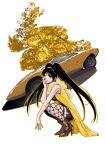  1girl black_dress black_eyes black_footwear black_hair boots breasts car dress fishnets ground_vehicle high_heel_boots high_heels jacket kanojo_no_carrera kanojo_no_carrera_rs kikuchi_michitaka lamborghini lamborghini_countach looking_at_viewer lowres medium_breasts momose_yuri motor_vehicle official_art one_eye_closed open_hand shadow solo sports_car squatting tree twintails vehicle_focus yellow_jacket 