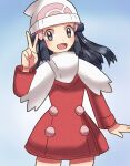  1girl :d beanie black_hair coat commentary_request dawn_(pokemon) eyelashes grey_eyes hand_up hat long_hair long_sleeves open_mouth pokemon pokemon_(game) pokemon_dppt pokemon_platinum red_coat scarf shugara smile solo tongue v white_headwear white_scarf winter_clothes 