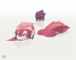  2_horns anthro blue_eyes butt dragon duo fish girly hair hi_res horn mako_(rudragon) male male/male marine nude pink_body pink_hair pink_scales purple_hair ru_(rudragon) rudragon scales scalie shark signature swimming 