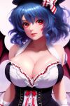  1girl ai-generated alternate_costume bad_anatomy bare_shoulders bat_wings blue_hair breasts cleavage expressionless gold_trim hat highres huge_breasts lips looking_at_viewer medium_hair mrcatjak nose red_eyes remilia_scarlet simple_background solo touhou upper_body white_background wings 