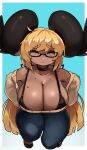  1girl bare_shoulders blonde_hair blue_background bra breasts caoimhe_(zana) choker cleavage closed_eyes glass highres horns huge_breasts kneeling leaning_forward long_hair mole mole_on_breast original pants shortstack sweater underwear zanamaoria 