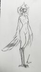 absurd_res accipitriform animal_humanoid anthro avian avian_feet avian_humanoid beak bird blue_eyes blush breasts eyewear feather_hands feathered_wings feathers female genitals glasses hair hi_res humanoid monochrome nipples nude pussy secretary_bird siam_fox simple_background small_breasts solo tail_feathers traditional_media_(artwork) wings 