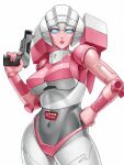  1girl alien arcee autobot blue_eyes breasts curvy gun hand_on_hip handgun highres humanoid_robot large_breasts navel panties pink_lips pink_panties robot simple_background skylock solo thong transformers underwear weapon white_background 