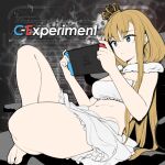  album_cover barefoot blonde_hair blue_eyes breasts chair cover crown eight_tohyama english_text expressionless fur_collar handheld_game_console highres holding holding_handheld_game_console leaning_back long_hair looking_at_screen medium_breasts mini_crown nintendo_switch phant_(taishi) sitting skirt slouching strapless tube_top 