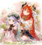  2girls absurdres artist_name bangs bare_shoulders blue_gemstone blurry blurry_background blush closed_eyes closed_mouth cross-shaped_pupils depth_of_field detached_sleeves dress female_child forehead_jewel gem genshin_impact gold_choker gold_trim gradient_hair green_eyes green_hair hair_ornament harem_outfit head_wreath highres horns jewelry lala_(0915_yu) leaf_hair_ornament long_hair multicolored_hair multiple_girls nahida_(genshin_impact) neck_ring nilou_(genshin_impact) outdoors pointy_ears red_hair sitting sleeveless sleeveless_dress smile veil white_dress white_hair white_headdress 