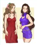  2girls aerith_gainsborough black_hair bow breasts brown_eyes brown_hair cleavage cleavage_cutout clothing_cutout crescent crescent_earrings crossed_legs dress earrings final_fantasy final_fantasy_vii green_eyes hair_bow jewelry looking_at_viewer multiple_girls official_alternate_costume official_alternate_hairstyle perlmuttt purple_dress red_dress tifa_lockhart wavy_hair 