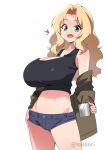  1girl alternate_breast_size artist_name blonde_hair blue_eyes breasts coffee coffee_mug cup girls_und_panzer heart holding holding_cup huge_breasts jacket kay_(girls_und_panzer) long_hair micro_shorts mug navel open_mouth short_shorts shorts simple_background smile solo toudori white_background 