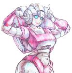  13weiiii 1girl alien arcee autobot blue_eyes breasts curvy highres humanoid_robot large_breasts looking_at_viewer panties pink_panties robot simple_background smile solo transformers underwear white_background 