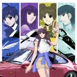  5girls ascot bangs blue_hair blue_sweater braid breasts brown_eyes brown_hair brown_shorts car clothes_around_waist collared_shirt ferrari ferrari_f40 green_hair ground_vehicle hair_behind_ear hat headwear_removed highres holding holding_clothes holding_hat kanojo_no_carrera kikuchi_michitaka kirishima_parco lamborghini lamborghini_miura large_breasts looking_to_the_side mazda mazda_rx-7 misaki_aika mole mole_under_eye momose_yuri motor_vehicle multiple_girls official_art open_mouth porsche porsche_911 purple_hair shiratori_sakura shirt shorts smile sports_car sweater sweater_around_waist todoroki_reina twintails white_shirt 