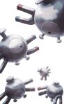  black_eyes blurry commentary_request highres looking_down magnemite magnet misonikomiii no_humans pokemon pokemon_(creature) screw simple_background white_background 