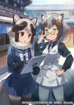  2girls adjusting_eyewear animal_ears black_shirt blue_skirt blue_sweater bow bowtie brown_fur brown_gloves brown_hair brown_pantyhose collared_shirt cowboy_shot danzaburou-danuki_(kemono_friends) dress extra_ears fur_collar fur_trim glasses gloves green_eyes grey_hair grey_necktie grey_pants hair_ornament japari_symbol kemono_friends kemono_friends_3 leaf_hair_ornament light_brown_hair multicolored_hair multiple_girls necktie official_art pants pantyhose pince-nez pleated_skirt raccoon_ears raccoon_girl raccoon_tail round_eyewear sailor_collar school_uniform serafuku shirt short_hair skirt sweater tablet_pc tail tanuki_(kemono_friends) vest white_bow white_bowtie white_dress white_fur white_hair white_vest yuko_(uc_yuk) 