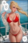  1girl aroma_sensei bare_shoulders bikini blonde_hair boat breasts cleavage earrings green_eyes highres jewelry large_breasts lips looking_at_viewer metroid navel open_mouth partially_undressed ponytail red_bikini sailing_ship samus_aran solo swimsuit tan tanlines thick_lips thick_thighs thigh_gap thighs undressing watercraft 