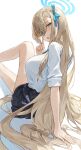  1girl absurdres asuna_(blue_archive) bangs blue_archive blue_eyes blush breasts cotta_(heleif) grin hair_over_one_eye highres large_breasts light_brown_hair long_hair looking_at_viewer skirt smile solo thighs very_long_hair 