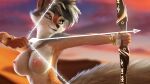  3d_(artwork) anthro breasts brown_body brown_fur canid canine canis digital_media_(artwork) female female/female fhyra fur hair hi_res jackal mammal nipples nude smile solo zorryn 