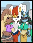  absurd_res anthro breasts cinderace female generation_4_pokemon generation_8_pokemon group hi_res holowear_(pokemon) lagomorph leporid lopunny lucario mammal medium_breasts nintendo pokemon pokemon_(species) pokemon_unite rabbit ruins_style_lucario trio video_games zilikslider 