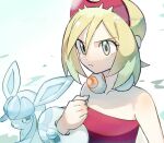  1girl bangs blonde_hair blue_eyes bracelet closed_mouth collar commentary_request eyelashes glaceon hairband hand_up irida_(pokemon) jewelry nao_(naaa_195) pokemon pokemon_(creature) pokemon_(game) pokemon_legends:_arceus red_hairband red_shirt shirt short_hair strapless strapless_shirt white_background 