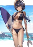  1girl bangs beach bikini black_bikini black_hairband blue_eyes blue_sky blush breasts candace_(genshin_impact) closed_mouth collarbone dark-skinned_female dark_skin day genshin_impact hair_ornament hairband heterochromia highres holding holding_clothes holding_footwear holding_surfboard navel o-ring o-ring_bikini o-ring_top ocean outdoors short_hair_with_long_locks side-tie_bikini_bottom sky solo standing stomach surfboard swimsuit thighlet xkirara39x yellow_eyes 