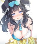  1girl animal_ears bangs black_hair blue_archive blue_eyes blunt_bangs blush breasts bright_pupils cleavage detached_collar dog_ears dog_girl flying_sweatdrops full-face_blush goggles goggles_on_head halo hibiki_(blue_archive) hibiki_(cheerleader)_(blue_archive) highres large_breasts long_hair looking_at_viewer paragasu_(parags112) pom_pom_(cheerleading) simple_background solo star_sticker sticker_on_arm sticker_on_face sweatdrop white_background 