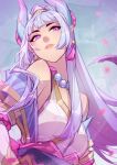  1girl bangs bare_shoulders bead_necklace beads breasts clothing_request detached_sleeves grey_background grey_hair hair_ornament horns jewelry large_breasts league_of_legends long_hair necklace official_alternate_costume parted_lips pink_eyes pointy_ears solo spirit_blossom_syndra syndra teeth upper_body vmat 