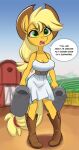  2022 absurd_res anthro applejack_(mlp) blonde_hair bodily_fluids boots breasts cleavage clothed clothing dialogue dress english_text equid equine farm female footwear friendship_is_magic hair hasbro hat headgear headwear hi_res holding_object horse mammal my_little_pony open_mouth orange_body outside pony siroc solo sweat text 