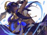  1girl artist_name back bangs black_hairband breasts candace_(genshin_impact) closed_mouth dark-skinned_female dark_skin eye_of_horus genshin_impact hairband heterochromia highres holding holding_polearm holding_shield holding_weapon jewelry lips looking_at_viewer neck_ring nose polearm shield short_hair_with_long_locks solo stomach weapon yu1xakii 