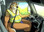  anthro canid canine canis clothed clothing coyote day high-vis jockstrap looking_at_viewer mammal outside sitting solo thekinkybear underwear 