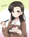  1girl :t armorganger asymmetrical_bangs bangs birthday_cake black_eyes black_hair brown_jacket cake cake_slice chi-hatan_military_uniform chopsticks closed_mouth commentary dated eating food food_on_face girls_und_panzer holding holding_chopsticks holding_plate jacket long_hair long_sleeves looking_at_viewer military military_uniform nishi_kinuyo plate solo star_(symbol) straight_hair uniform you&#039;re_doing_it_wrong 